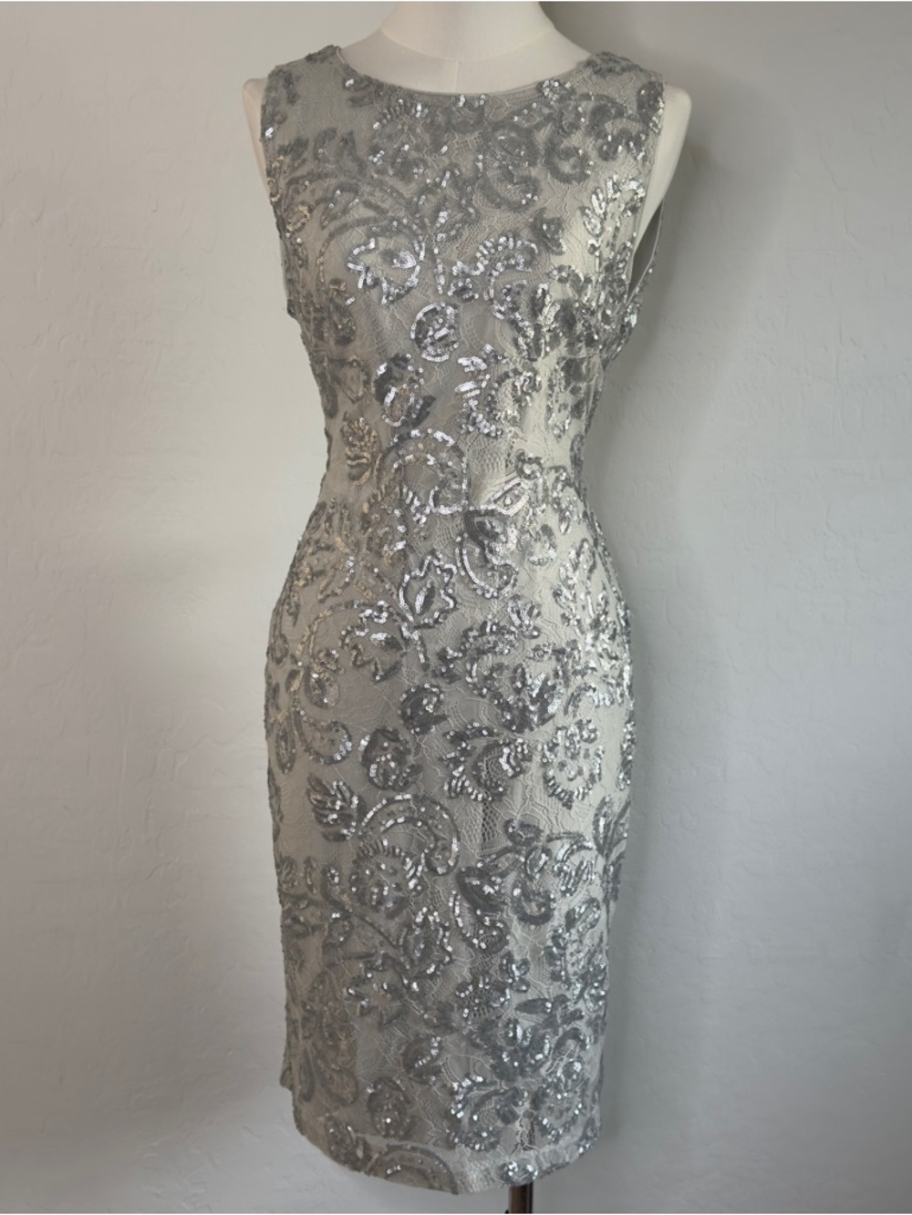 Calvin Klein Silver Beaded Midi Sheath Dress
